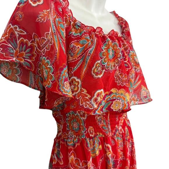 Rabbit Designs Womens Floral Red Maxi Ruffle Smocked Waist Peasant Dress NWT 10 - Picture 4 of 16